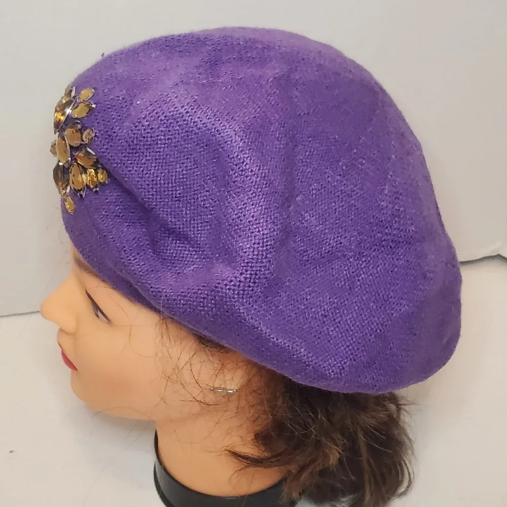 ABG Accessories Purple Acrylic Jeweled Beret Hat 100% Acrylic Warm Comfy Stylish